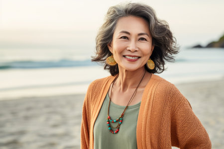 Portrait of smiling mature Asian woman standing on the beach and looking at cameraの素材