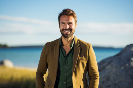Portrait of a handsome young man smiling at camera on the beachの素材