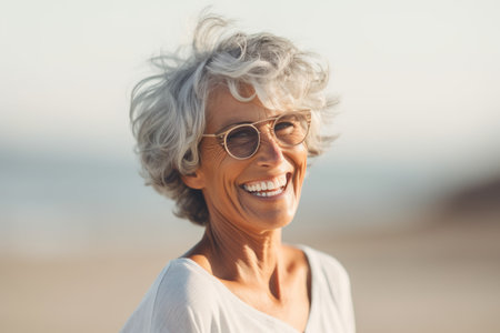 Portrait of smiling senior woman in eyeglasses on the beachの素材