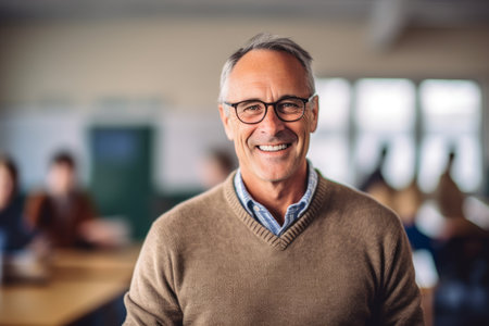 Portrait of smiling mature teacher in classroom at university. Mature man with glasses.の素材