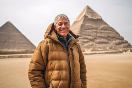 Portrait of happy senior man standing near the pyramid of Giza in Cairo, Egyptの素材