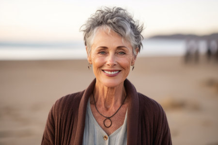 Portrait of smiling senior woman standing on beach at the day time