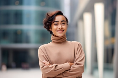 happy african american woman in beige sweater with crossed armsの素材