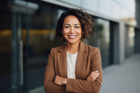 Portrait of a smiling businesswoman with arms crossed standing outside office buildingの素材