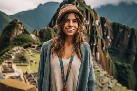 Portrait of a beautiful young woman with long brown hair, wearing a hat and a coat, standing in the ancient city of Machu Picchuの素材