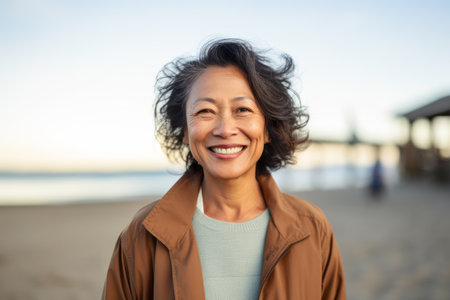 Portrait of smiling middle aged woman standing on beach at seasideの素材