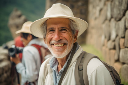 Happy senior man with hat and backpack looking at camera while standing in front of stone wallの素材