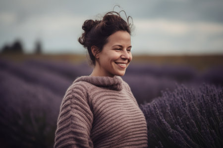 Portrait of a beautiful young brunette woman in lavender fieldの素材
