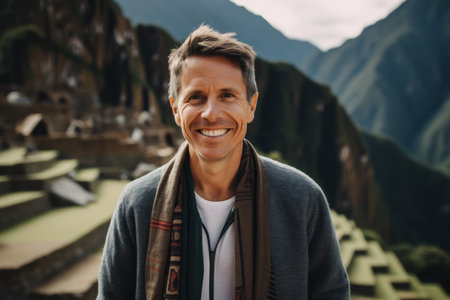 Handsome middle-aged man smiling and looking at the camera while standing in front of a stone terrace in the mountainsの素材