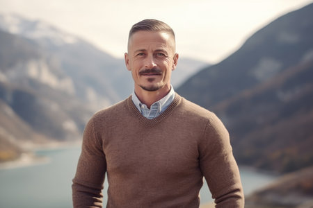 Portrait of a handsome man with a beard and mustache in a brown sweater on the background of mountainsの素材