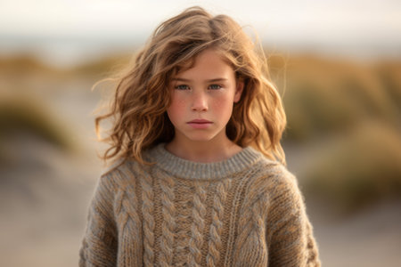 Portrait of a beautiful little girl on the beach at sunset.の素材