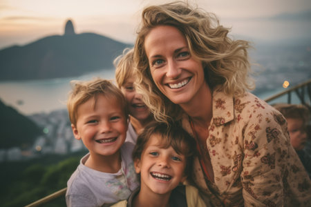 Portrait of happy mother and kids looking at camera on top of mountainの素材