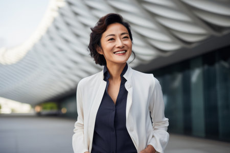 Portrait of a smiling businesswoman standing outside office building with arms crossedの素材