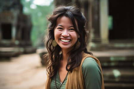 Portrait of happy young woman smiling in Angkor Wat, Siem Reap, Cambodiaの素材