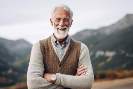 Portrait of a smiling senior man standing with arms crossed outdoors.の素材