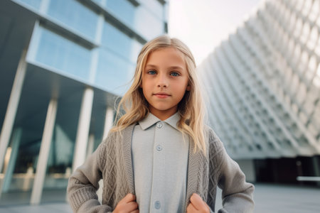 portrait of cute little girl looking at camera in front of buildingの素材