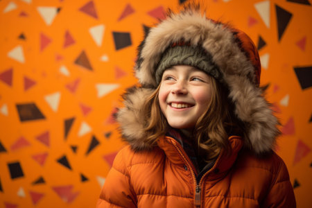 Portrait of a cute little girl in an orange jacket on a background of a geometric patternの素材