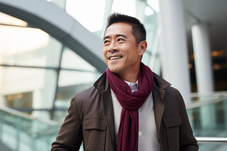 Portrait of a smiling asian man in coat and red scarfの素材