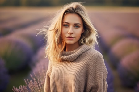 Beautiful young woman in a lavender field. Portrait of a girl in a sweater.の素材