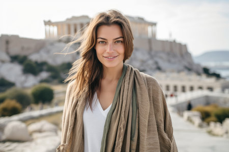 Portrait of a beautiful young woman in front of the Parthenon in Athens, Greeceの素材