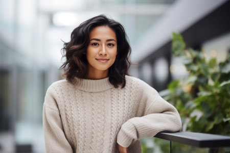 Beautiful young asian woman in white sweater looking at camera with smileの素材