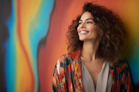 Portrait of a beautiful young woman with curly hair on colorful backgroundの素材