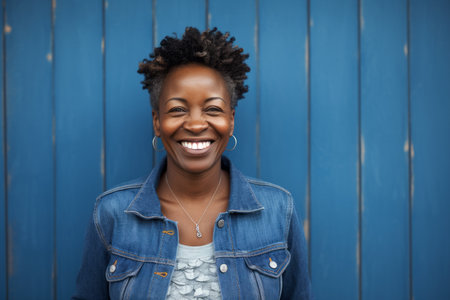 Portrait of a beautiful african american woman smiling against blue wooden backgroundの素材