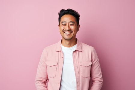 Portrait of a happy young asian man standing against pink backgroundの素材