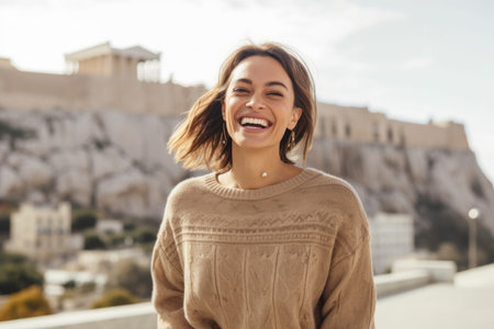 Foto de Close up portrait of a beautiful young woman smiling on the roof of the building - Imagen libre de derechos