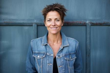 Portrait of smiling mature woman in denim jacket standing against blue backgroundの素材
