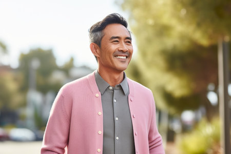 Portrait of a smiling mature man standing outside wearing a pink jacketの素材