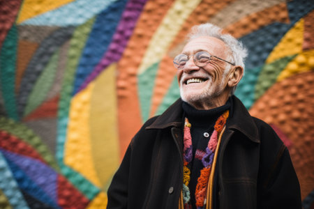Portrait of happy senior man with eyeglasses smiling at camera against colorful wallの素材