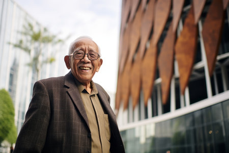 Portrait of senior Asian businessman smiling in front of modern office buildingの素材