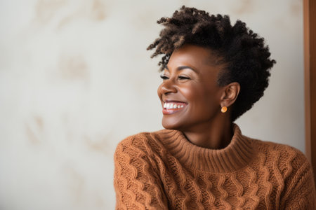 Portrait of a smiling young african american woman in sweater at homeの素材