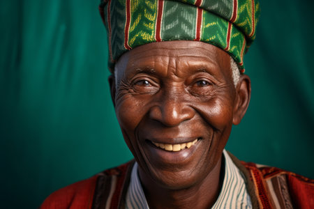 Portrait of a senior African man wearing traditional clothes, smiling at the camera.の素材