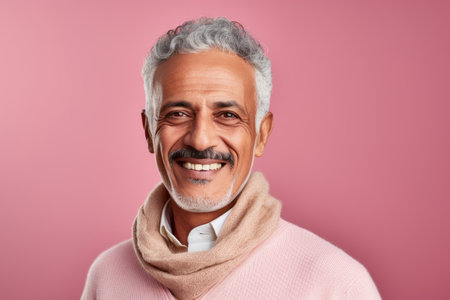 Portrait of mature Indian man with gray hair and white beard wearing pink sweater and scarfの素材