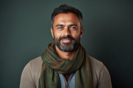 Portrait of a handsome bearded Indian man wearing scarf and looking at cameraの素材