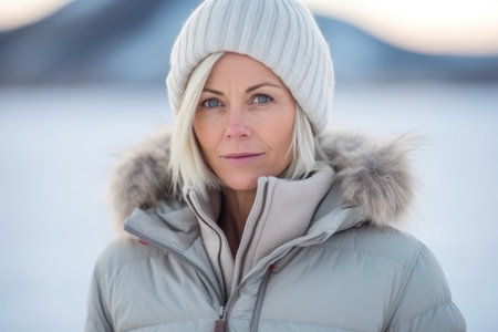 Portrait of a beautiful middle-aged woman in winter clothes.の素材