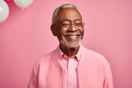 Portrait of happy senior man in glasses looking at camera and smiling while standing against pink backgroundの素材