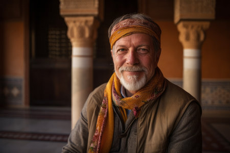 Portrait of an old man in the courtyard of the Amber Fort in Jaipur, Indiaの素材