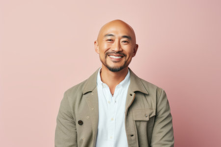 Portrait of a happy asian man looking at camera isolated over pink backgroundの素材