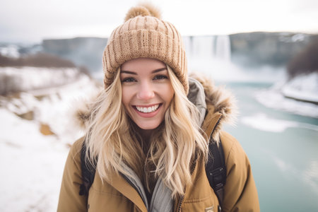 Portrait of a beautiful young woman in winter clothes and hat on the background of a frozen waterfallの素材