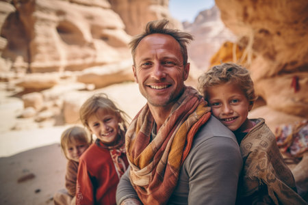 Happy father with his children in Petra, Jordan. Family travel concept.の素材