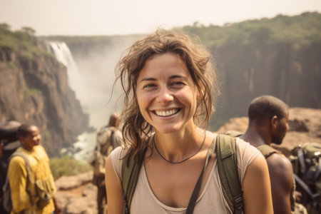 Happy young woman on the background of the Victoria Falls in Zimbabwe, Africaの素材