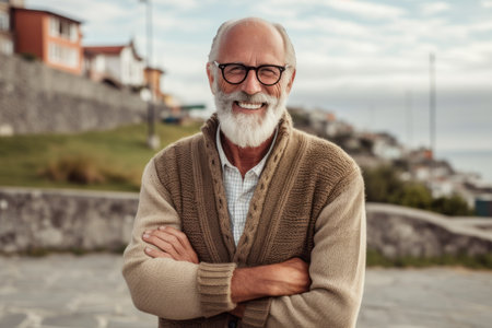 Portrait of smiling senior man in eyeglasses standing with arms crossed outdoorsの素材