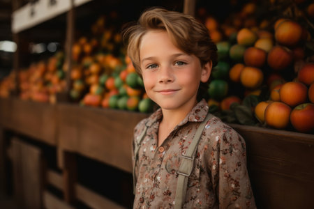 Portrait of a smiling boy standing in front of a fruit standの素材