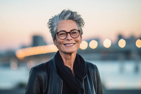 Portrait of smiling mature woman with eyeglasses in city at sunsetの素材