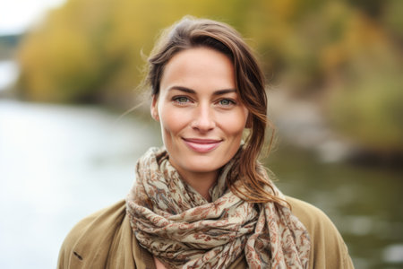 Portrait of a beautiful young woman with a scarf on her neckの素材