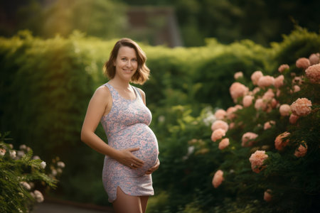 Pregnant woman in summer park. Pregnancy, motherhood and people concept.の素材