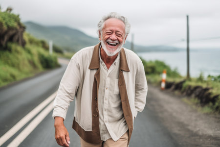Portrait of happy senior man walking on the road in the countrysideの素材